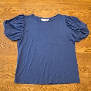 Loft Women Top Small Blue  Cotton Short Balloon Sleeve Round Neck Shirt